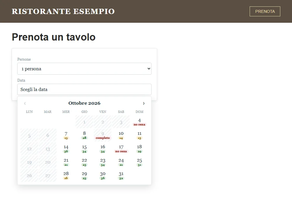 Il calendario del modulo di prenotazione con i posti disponibili sotto ogni giorno